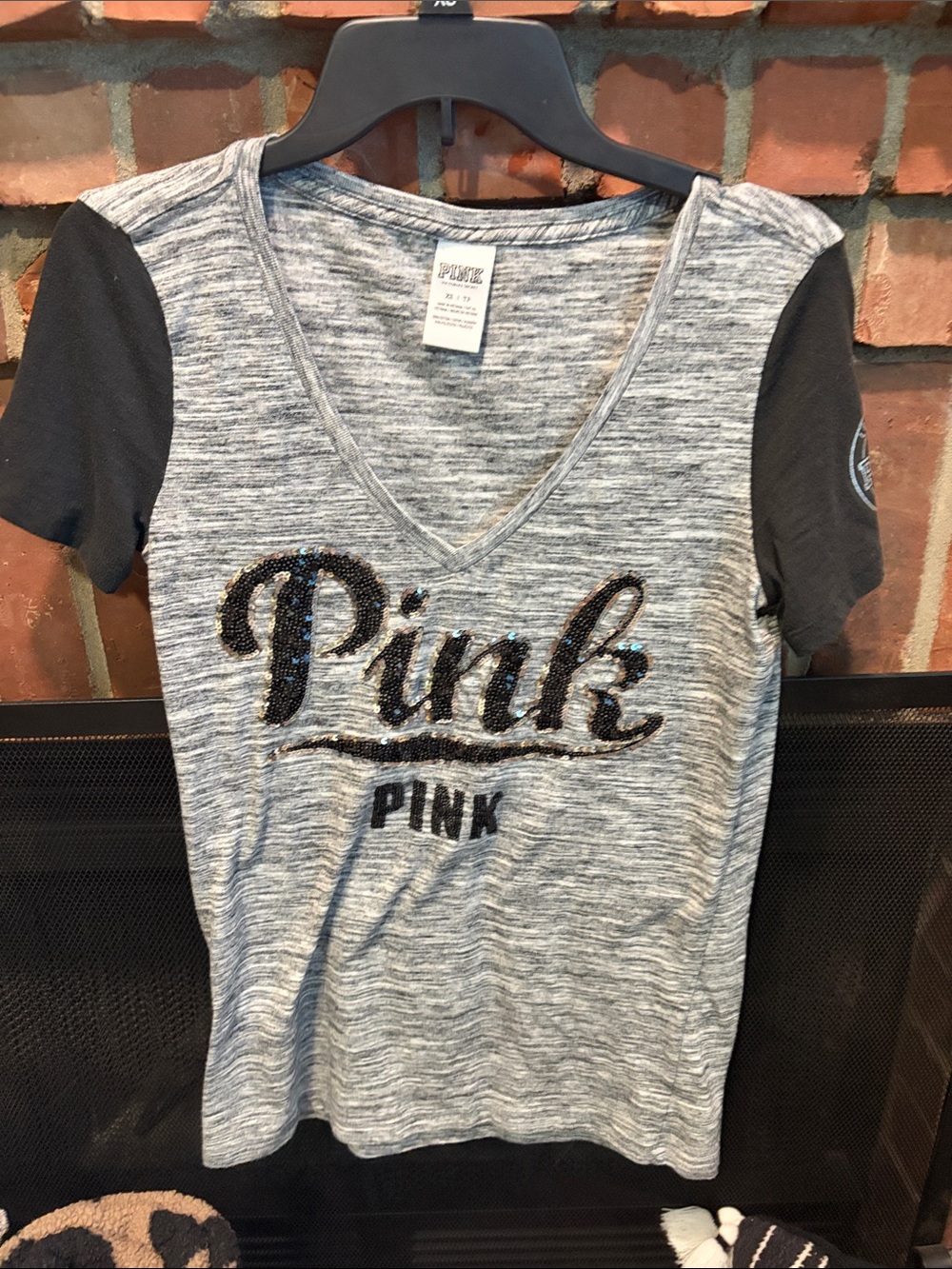 PINK Victoria's Secret Sequin Logo V-Neck Women's Top - Gray with Black Sleeves
